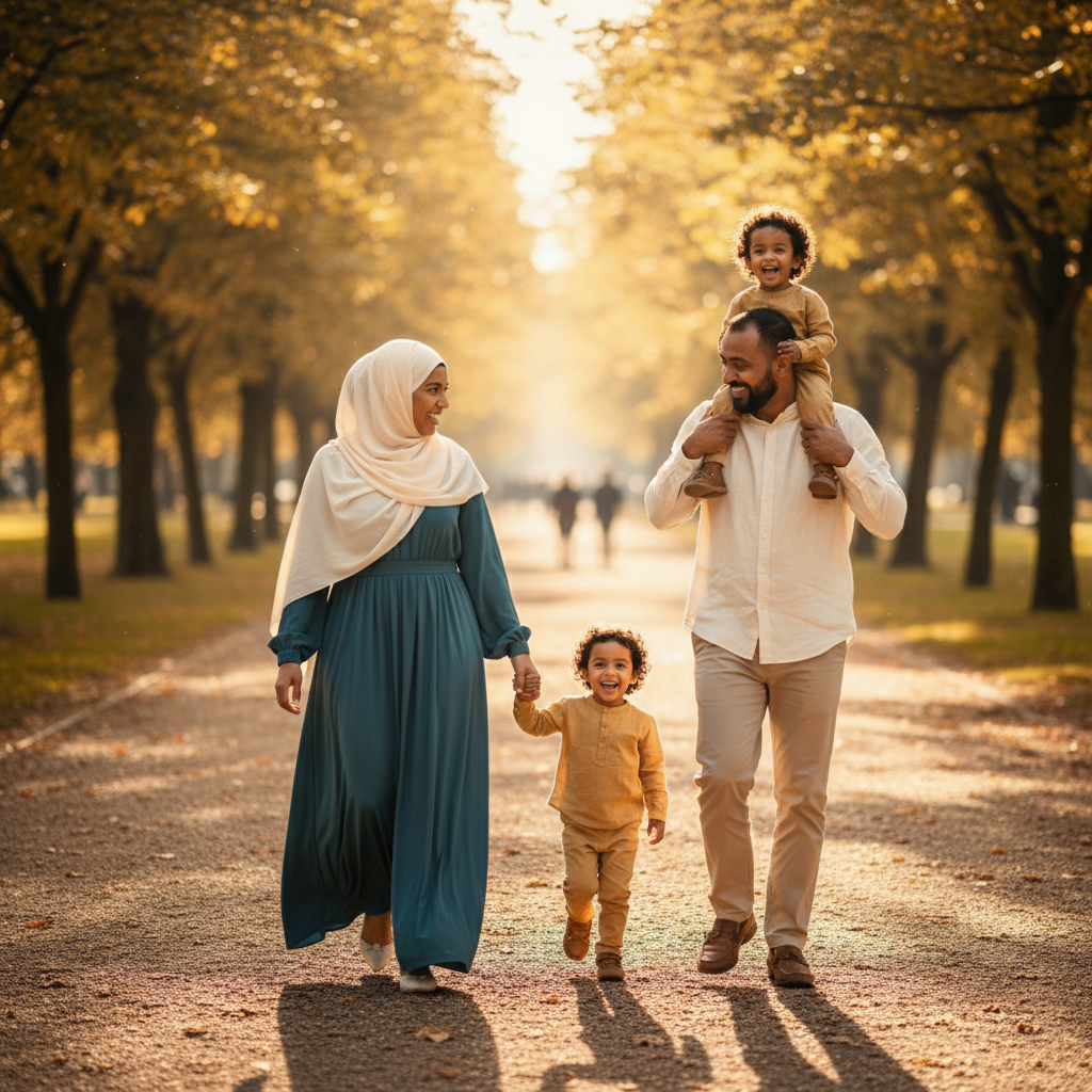Muslim family walking in the park at golden hour